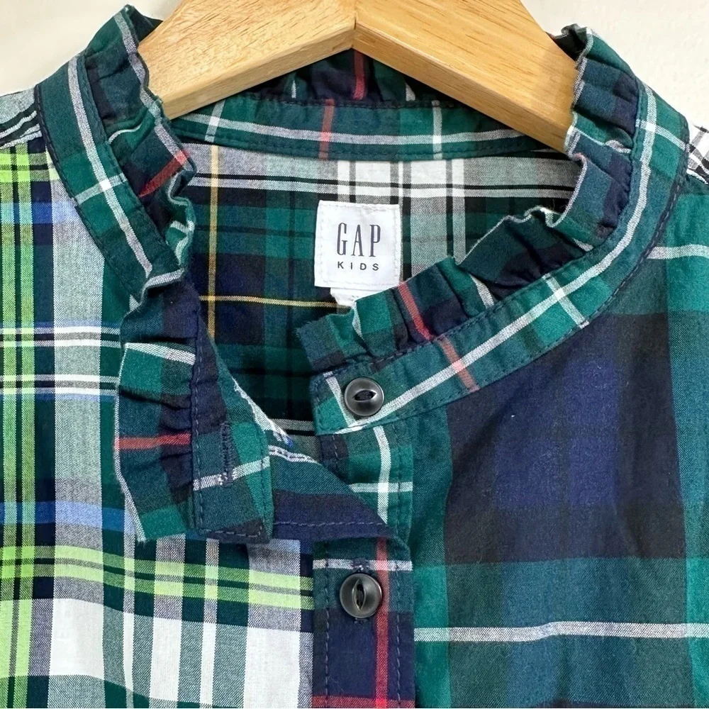 GAP Double Plaid Cropped Holiday Ruffle Neck Button Front Blouse, Size XL, 12